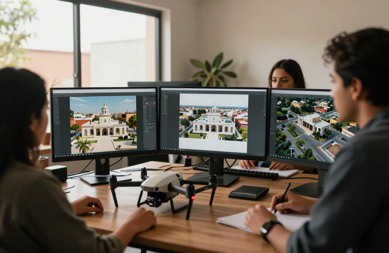 Equipo de Merkatores revisando renders y material de dron en su estudio en Oaxaca