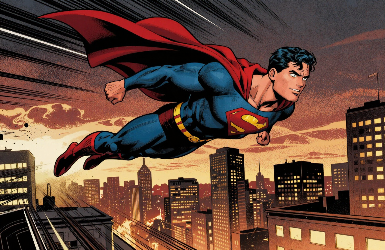 Illustration of a generic superhero flying over a city at dusk
