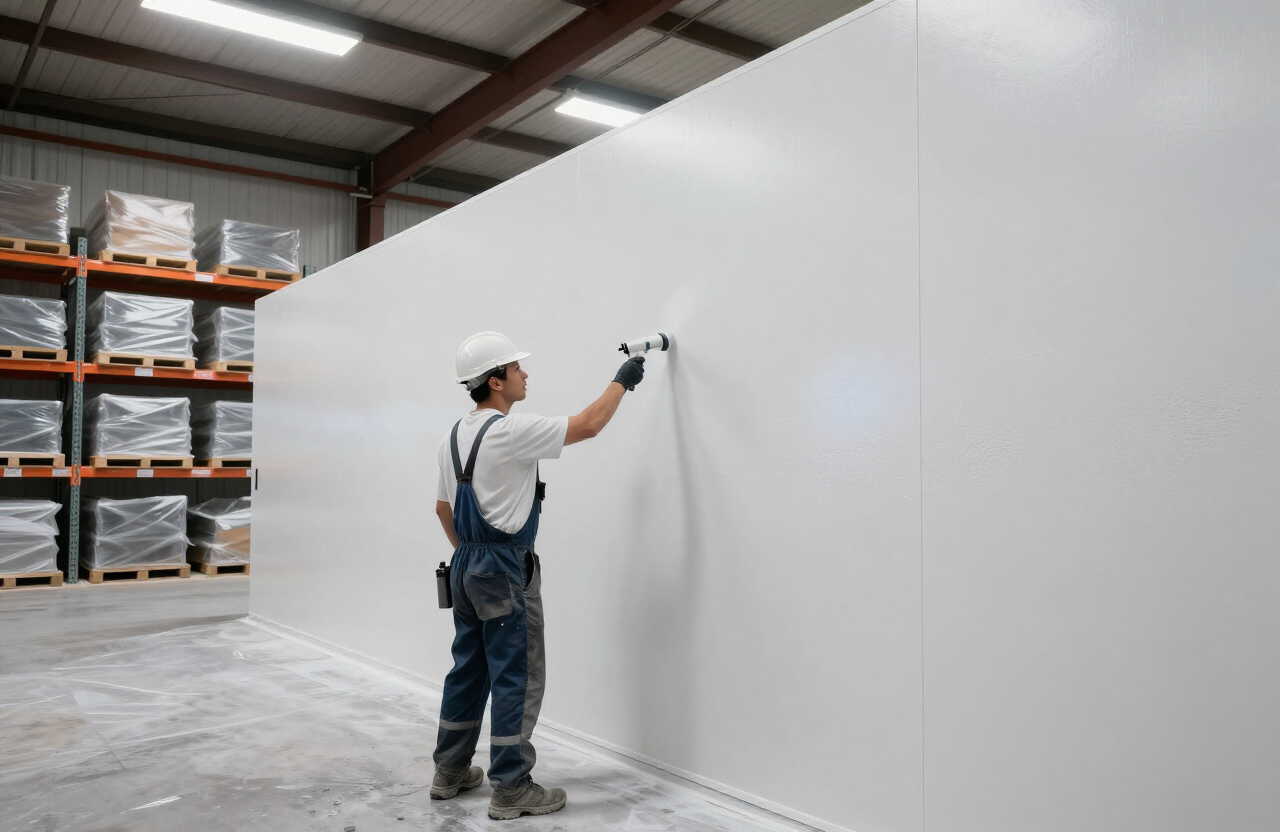 Illustrative warehouse interior painting scene in Moonachie NJ with a painter spraying a durable commercial-grade finish