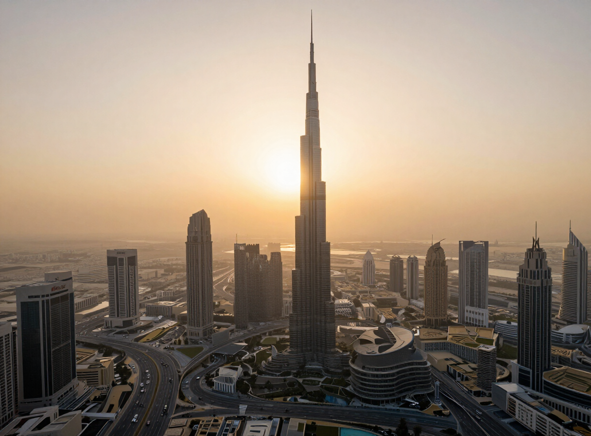 Dubai skyline with Burj Khalifa at sunset
