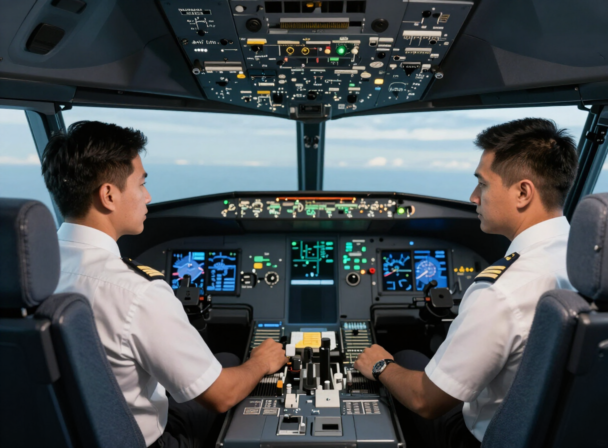 Pilots training in a flight simulator