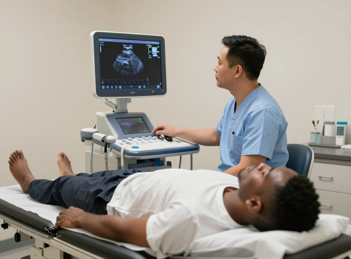 A cardiac sonographer performing an echocardiogram ultrasound on a relaxed patient in a clinic room.