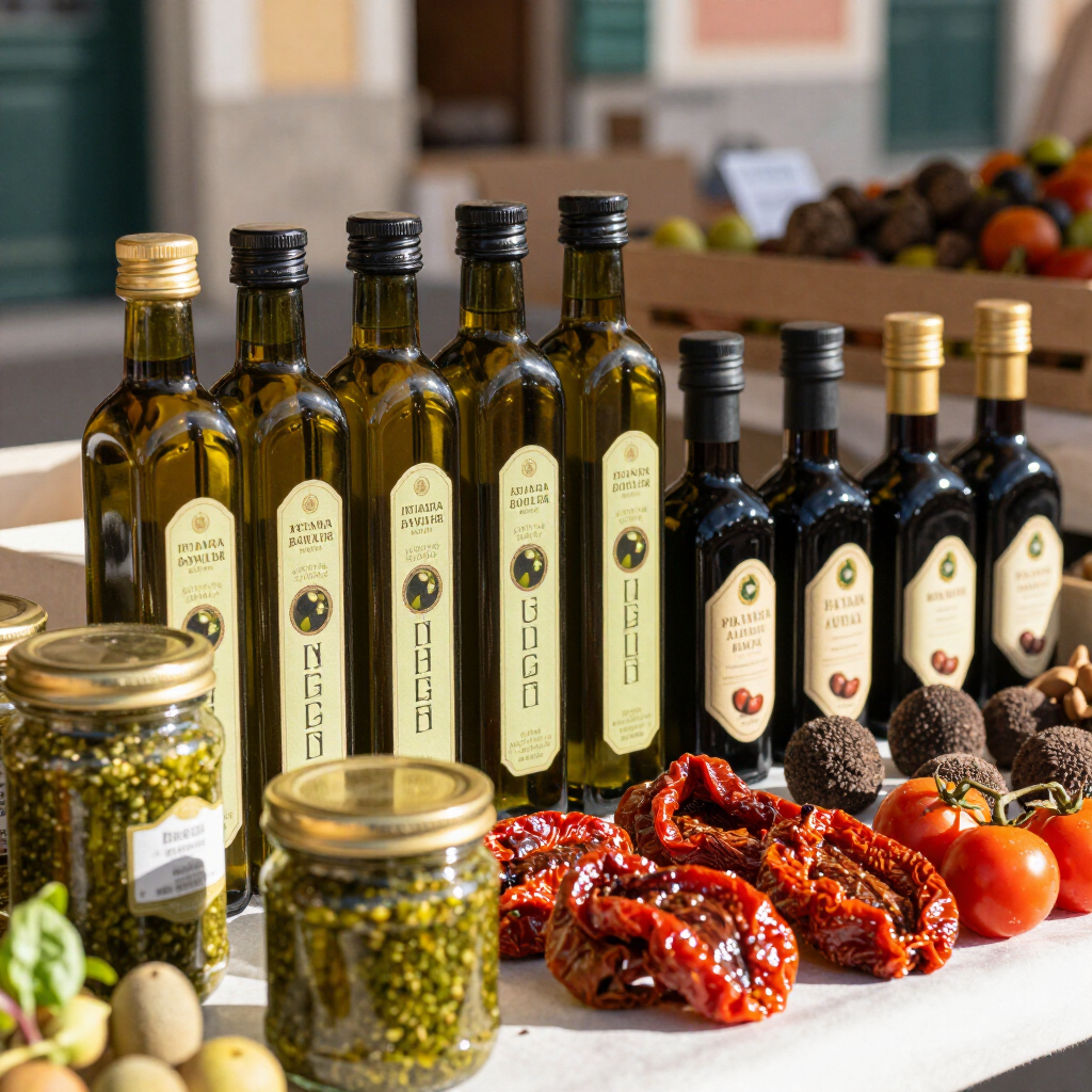 Olivenölflaschen, Pesto-Gläser, getrocknete Tomaten und Trüffelprodukte auf einem Markttisch