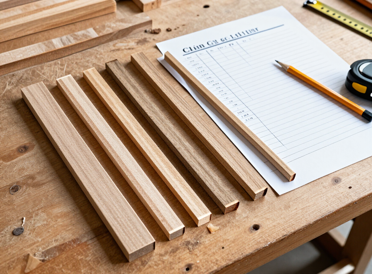 A handwritten cut list on paper beside neatly arranged cut lumber pieces of various sizes laid out on a wooden workbench, pencil and tape measure nearby, bright workshop lighting