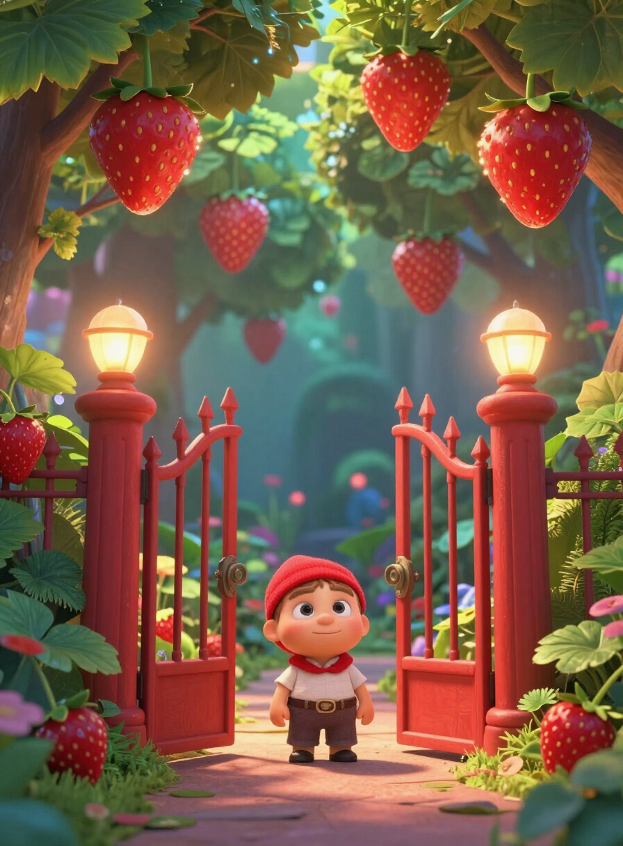 Cartoon red gates opening into a garden of giant strawberries