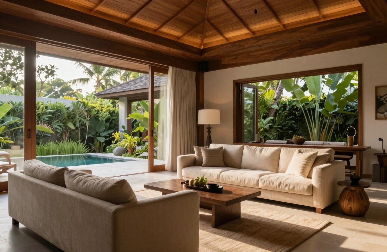 Interior of a luxury Bali villa with natural wood, stone and linen furnishings in warm afternoon light