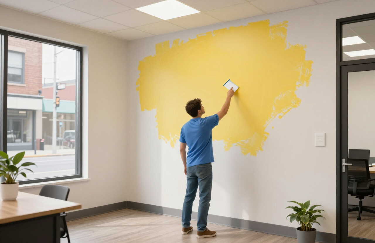 Illustrative commercial interior painter refreshing a small Fort Lee NJ office or retail space near Main Street