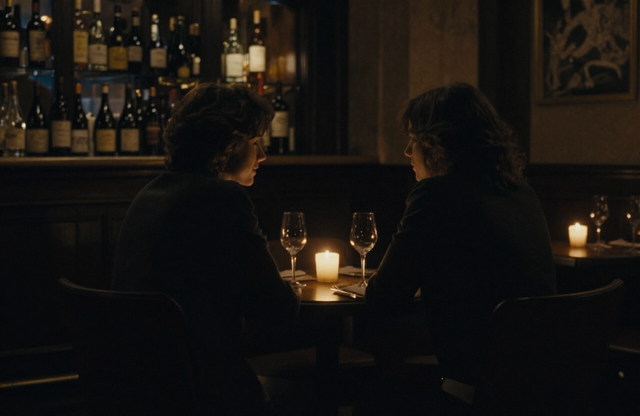 Two people on a first date in a dim wine bar, seen from a respectful distance