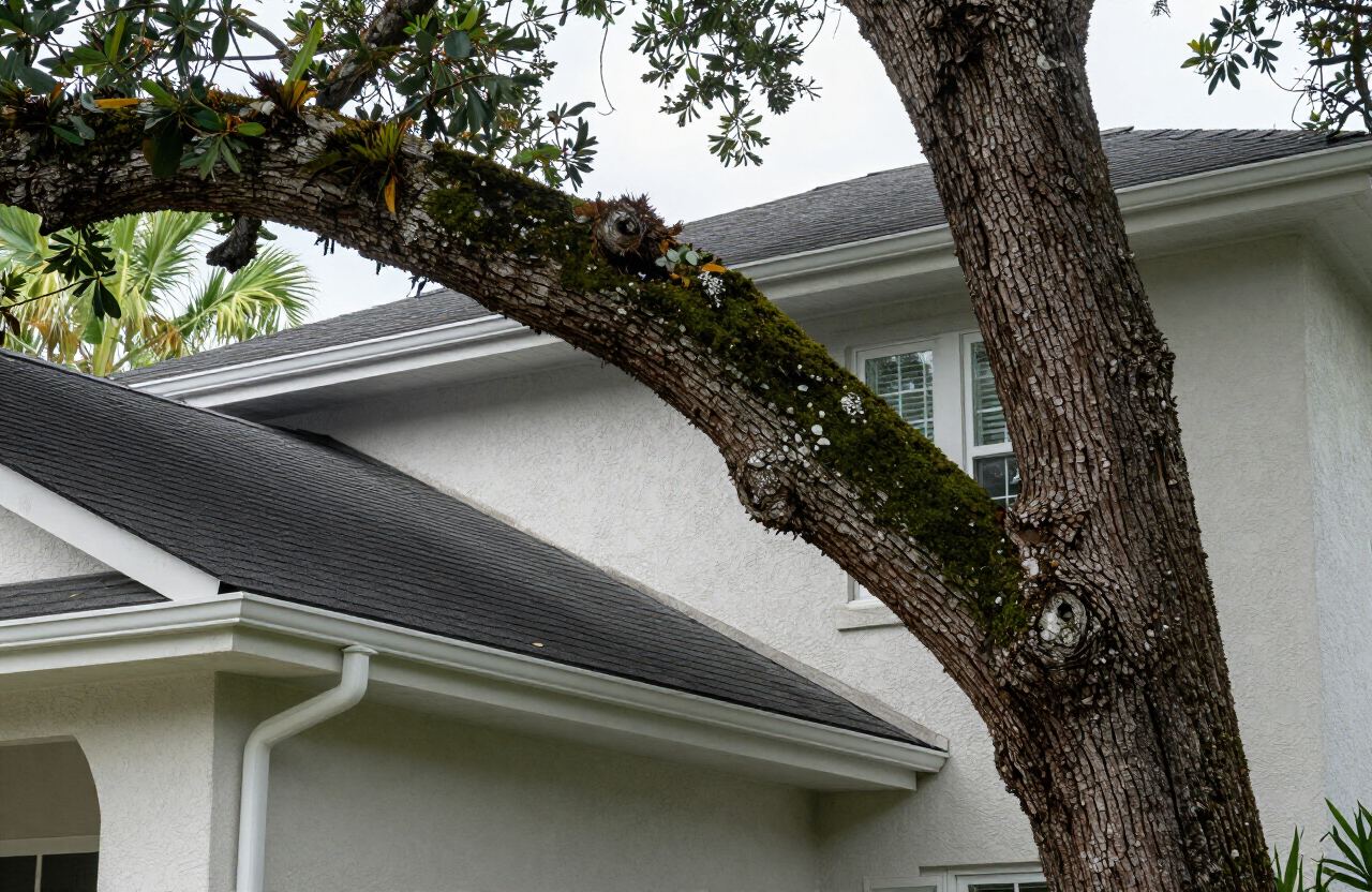 Heavy oak limb resting against the shingle roofline of a Florida stucco home