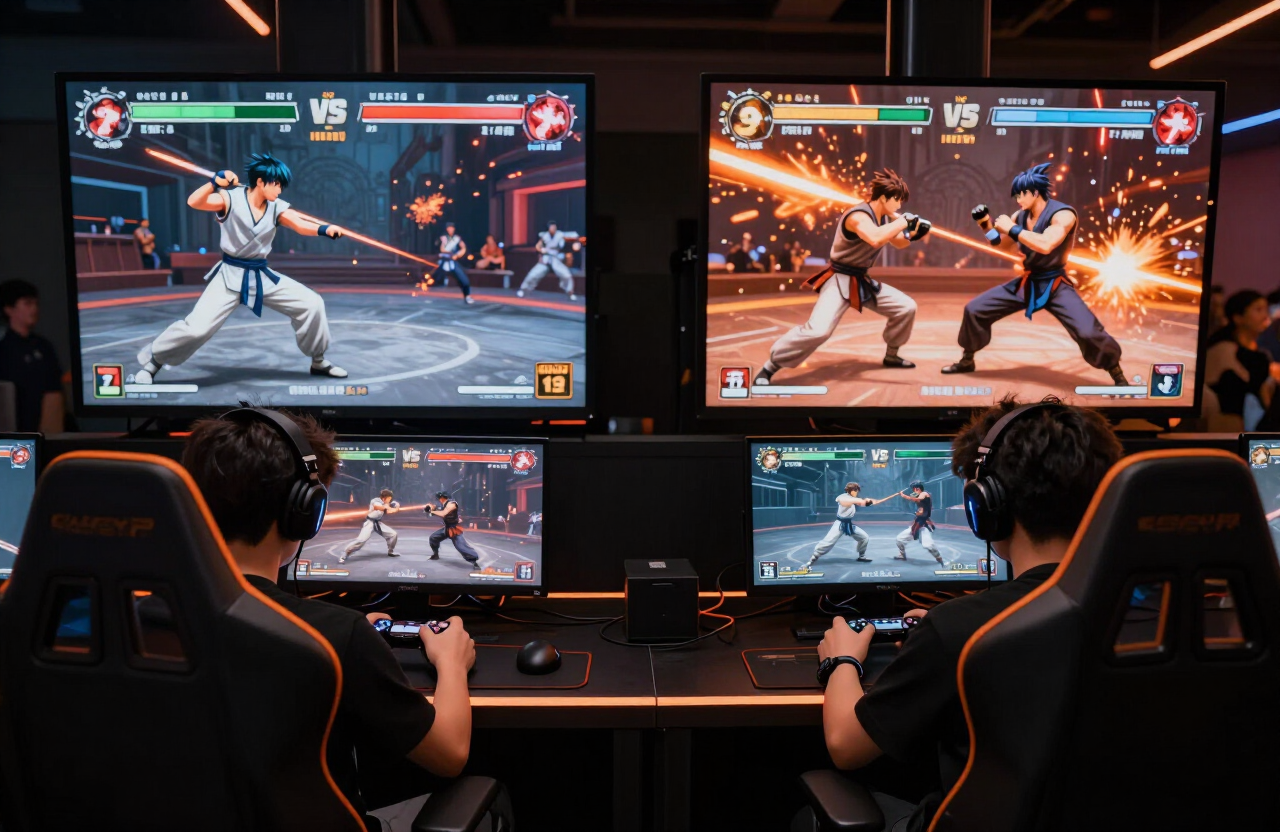 Deux joueurs s'affrontent sur Tekken 8 dans l'arène, éclairés par des néons orange