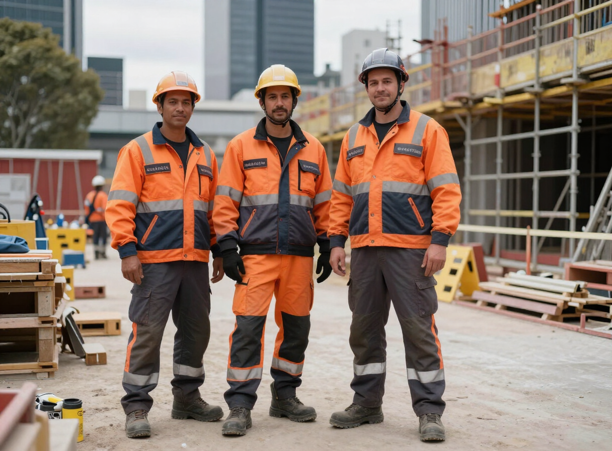 Workers in branded industrial workwear on an Australian job site