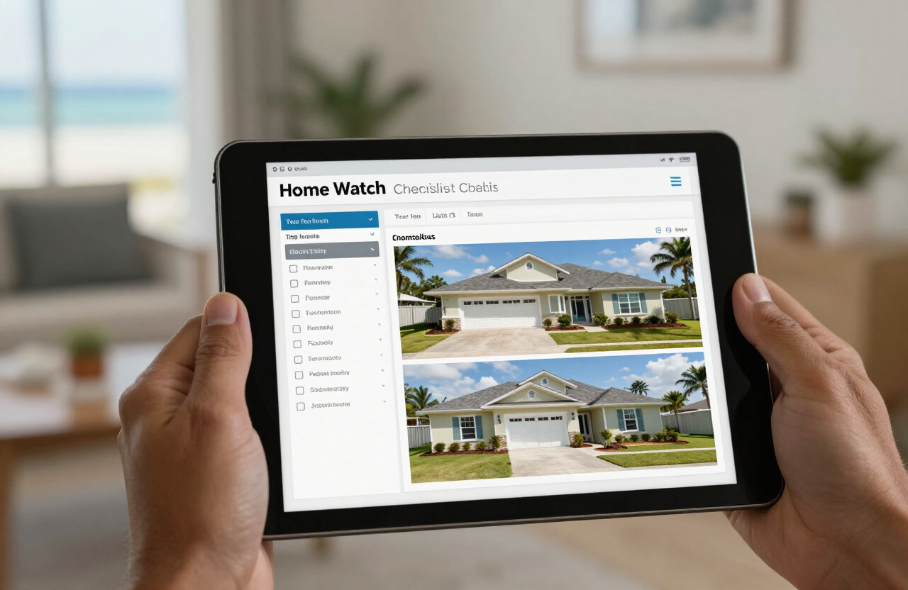 Tablet displaying a time-stamped home watch photo report checklist for a Florida home