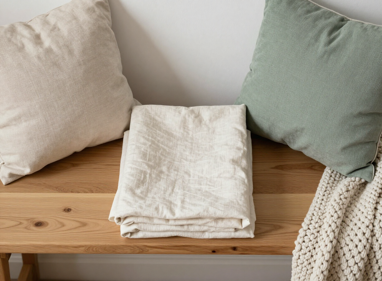 Folded linen textiles, cushions and a chunky knit throw on an oak bench