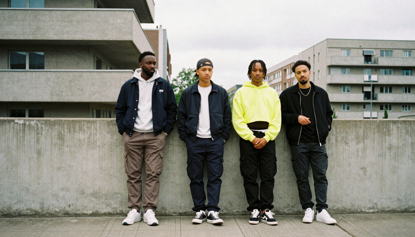 Three people wearing cropped streetwear by a concrete wall in Rotterdam