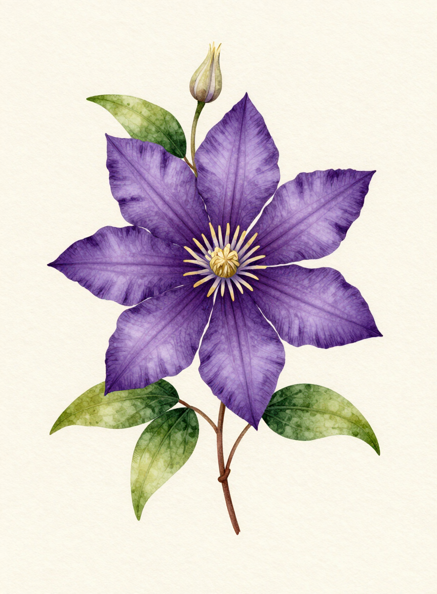 Watercolor painting of a purple Clematis