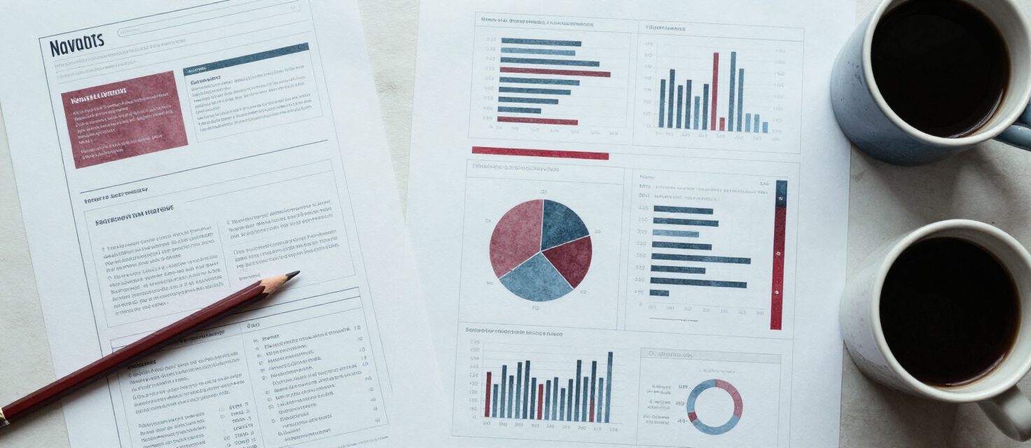 Printed wireframes and an analytics report laid out on a desk