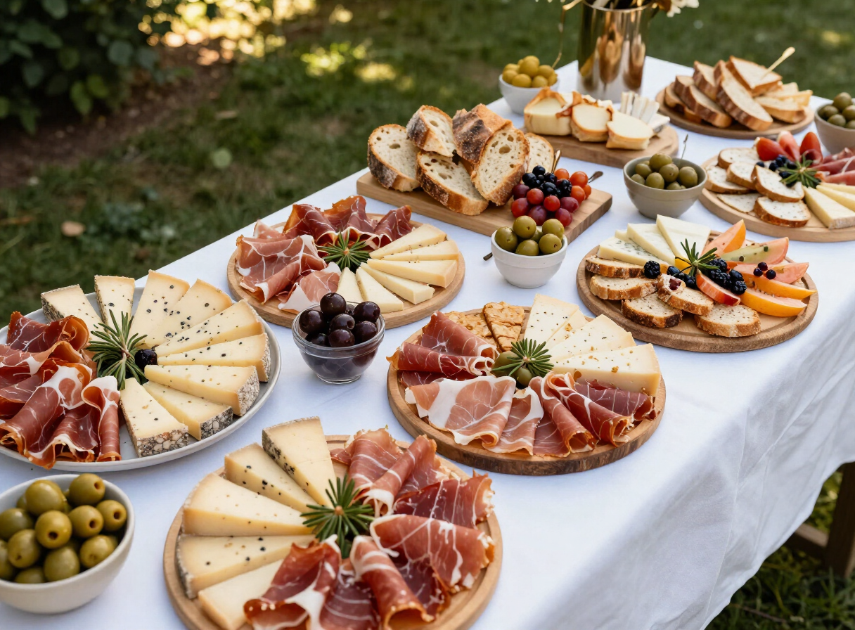 Italienisches Catering-Buffet mit Antipasti, Käse, Oliven und Salumi bei einer Gartenparty in Niederösterreich