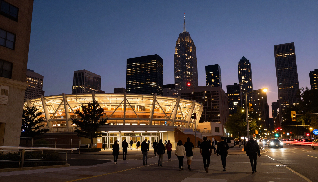 Fans walking toward a downtown arena for a concert in a major city at night.