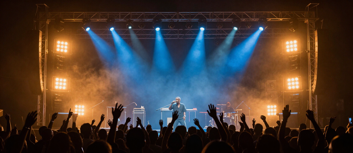 Live concert stage with dramatic lighting