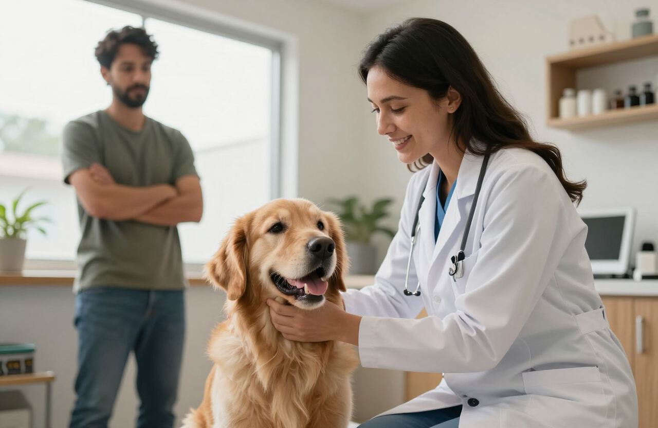 Veterinária examinando um cão em clínica parceira da Social Pet
