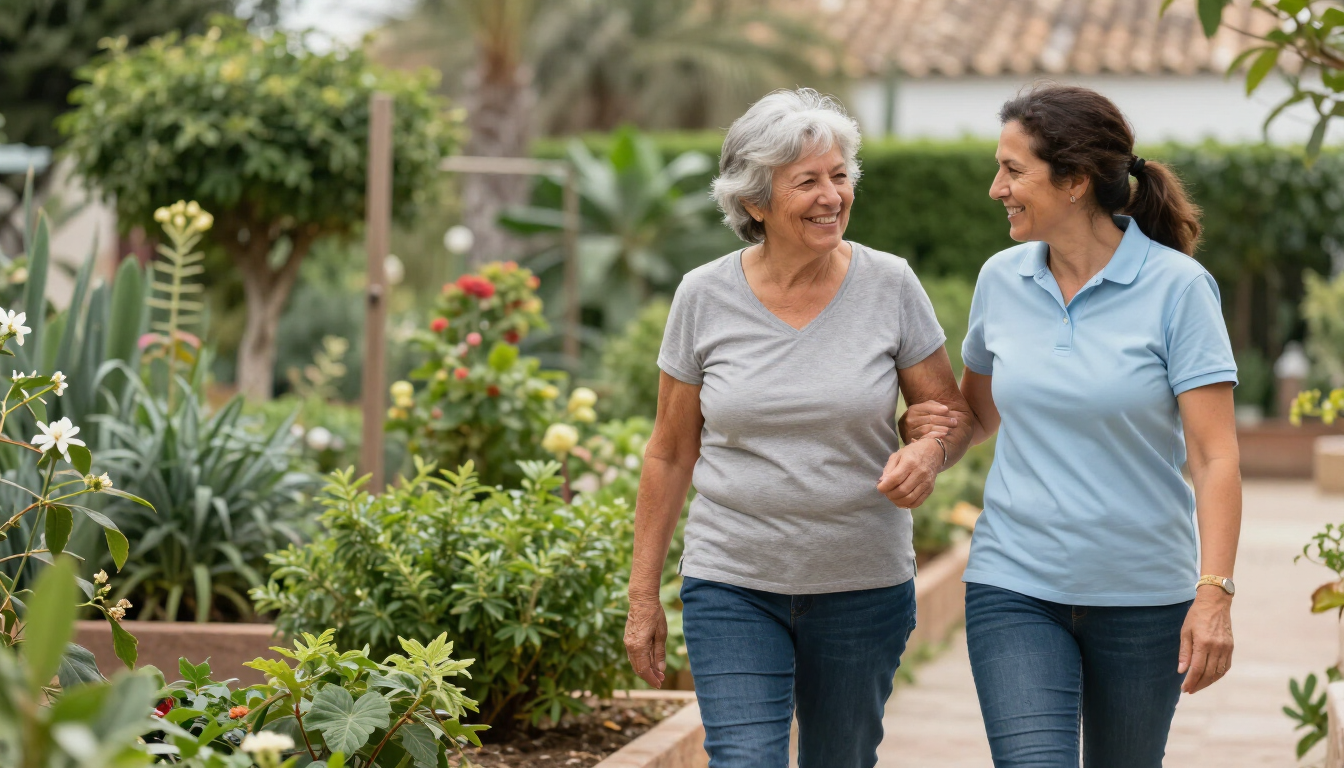 Personas mayores caminando acompañadas en un jardín