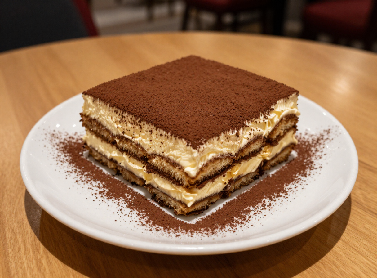 Classic tiramisu dusted with cocoa powder on a ceramic plate
