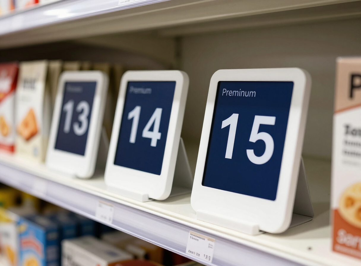 Elektronische prijskaartjes op een winkelschap