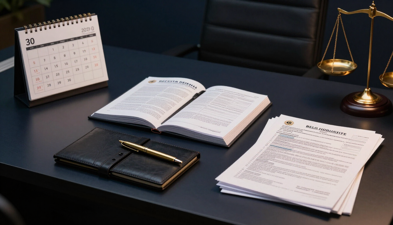 Mesa de advogado com calendário aberto em 30 de outubro, documentos da Receita Federal e caneta dourada sobre fundo escuro, representando a janela de adesão à transação tributária.