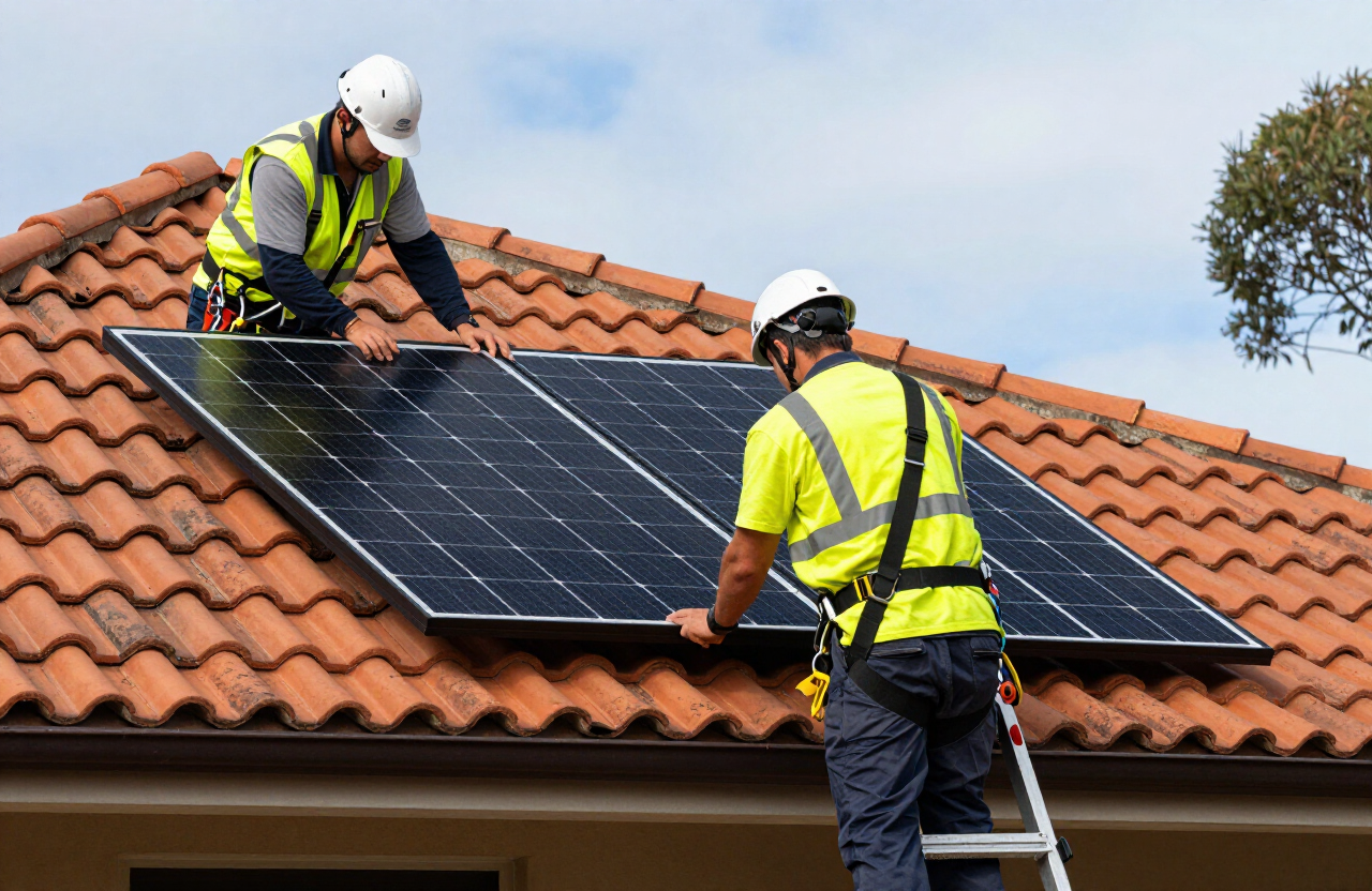 Installers securing a solar panel on a Sydney tile roof