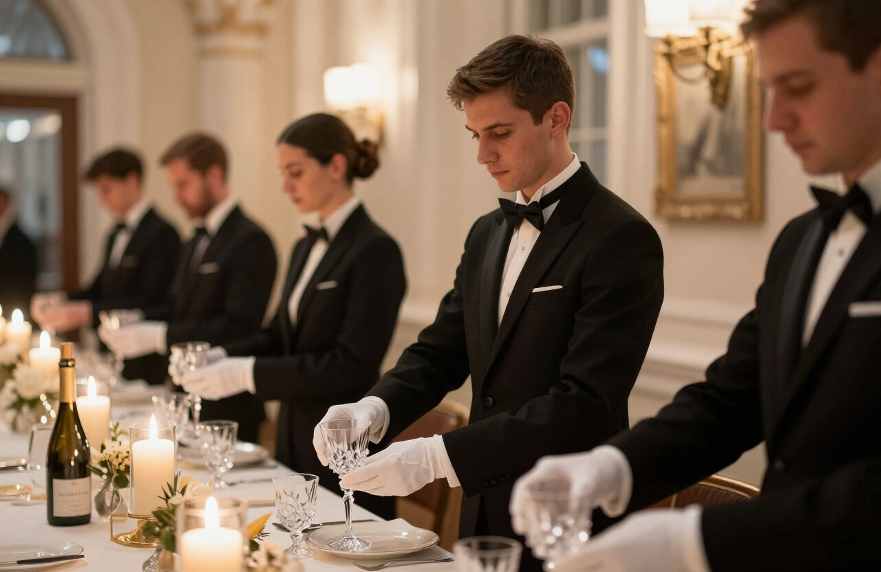 Professional hospitality staff in black uniforms and white gloves polishing crystal glasses at a luxury event