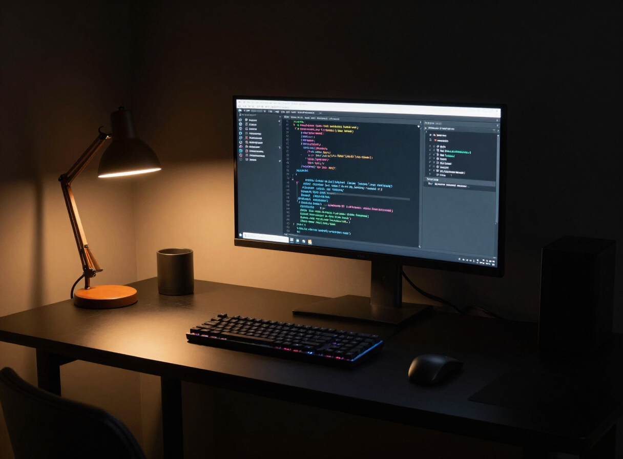 The Night Shift — Focused · Amber-lit · Quiet
