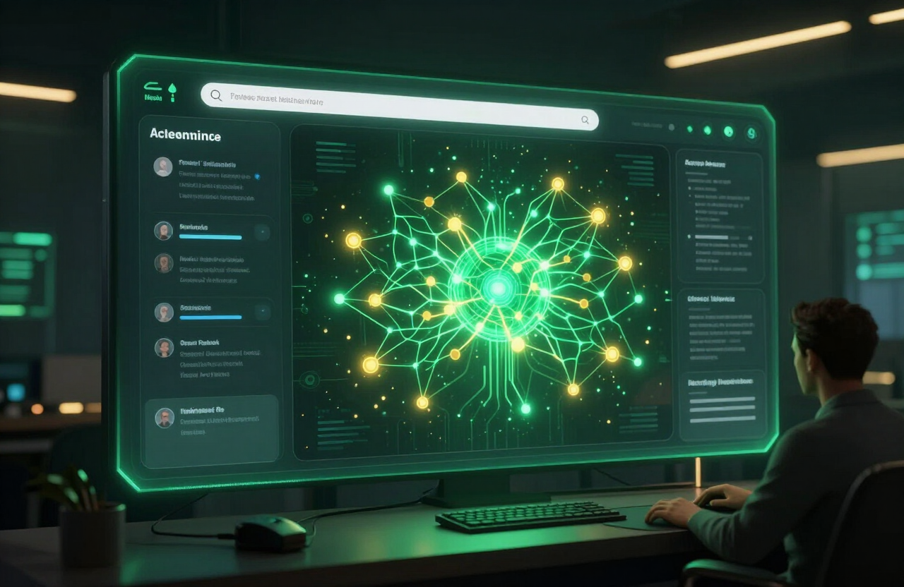 AI business intelligence interface with semantic search and neural network visualization