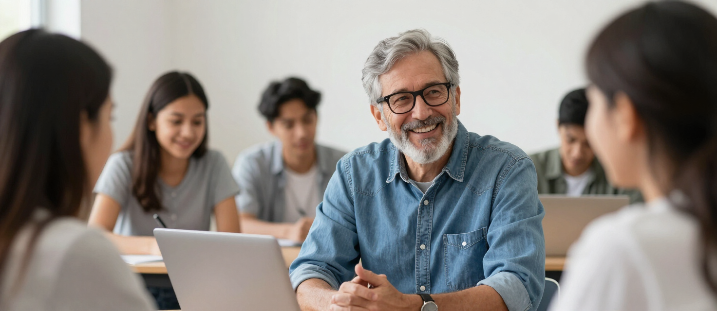 University mentor guiding students in a research setting