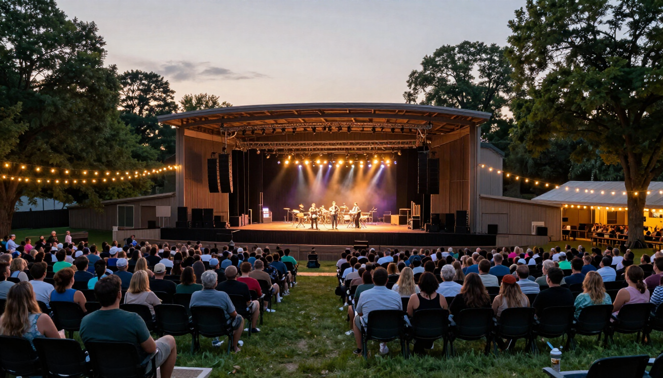 Wide outdoor amphitheater stage with a lawn seating area filled with concertgoers at dusk