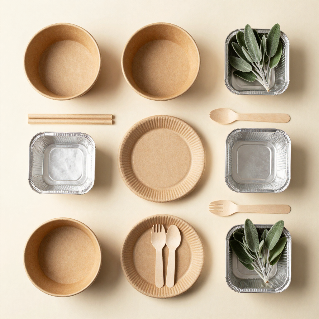 Rangkaian kemasan makanan Cocopack: bagasse, kraft paper, paper straw, cutlery kayu dan bambu, serta aluminium foil