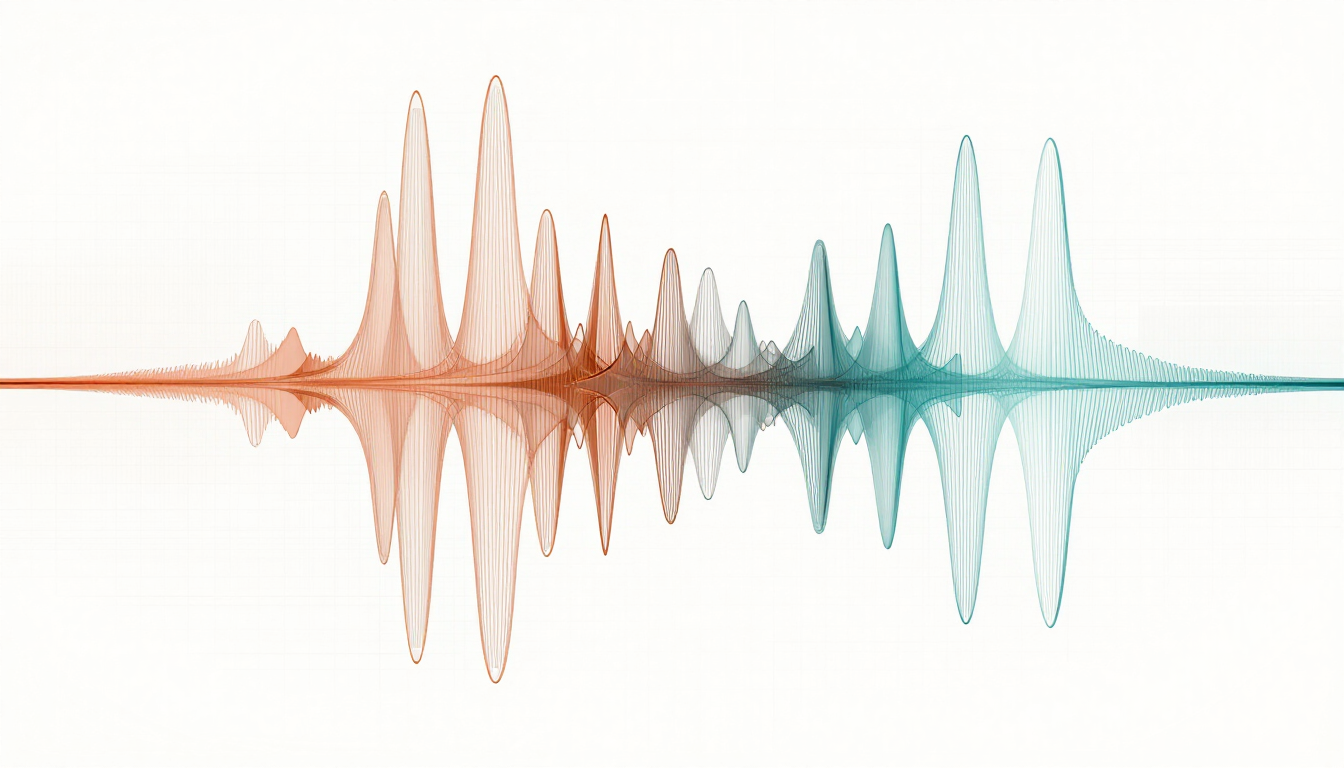Abstract composition of translucent copper and teal waveform lines on a warm white background