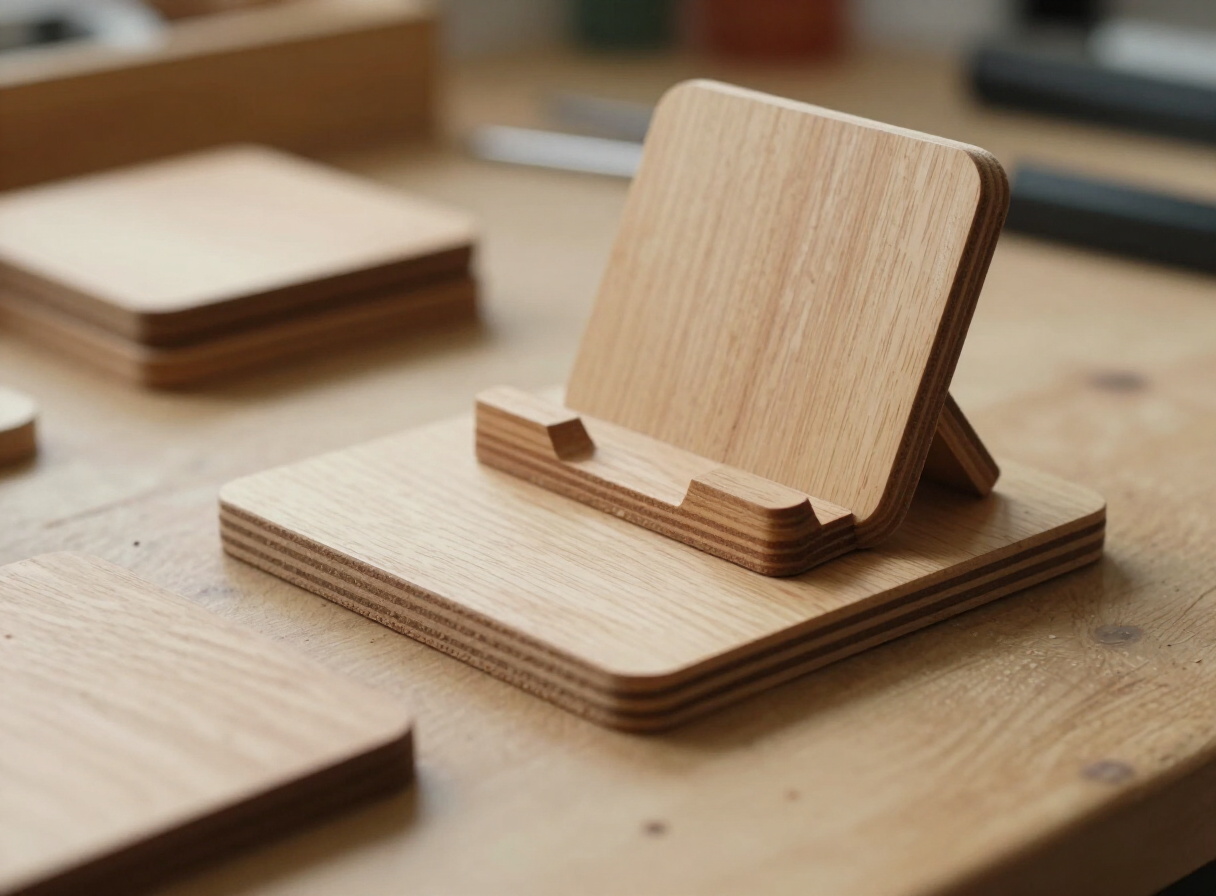 Close-up of handmade wooden coasters and a simple phone stand crafted from small hardwood scrap pieces on a workbench, sanded edges, pine and oak tones, warm workshop lighting