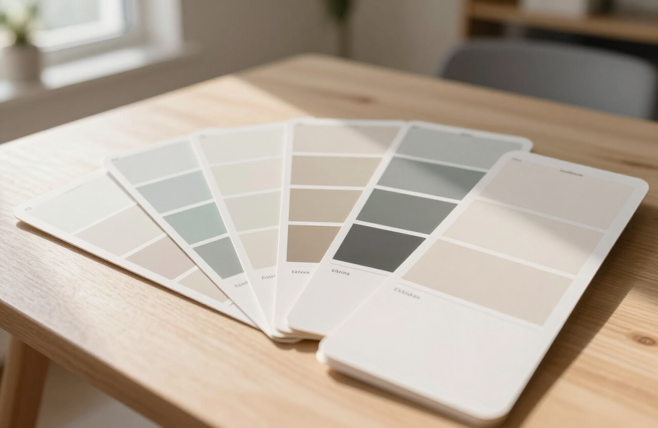 Illustrative paint color swatch samples and sheen boards fanned out on a table in a Hackensack NJ apartment with warm natural daylight, neutral and greige tones