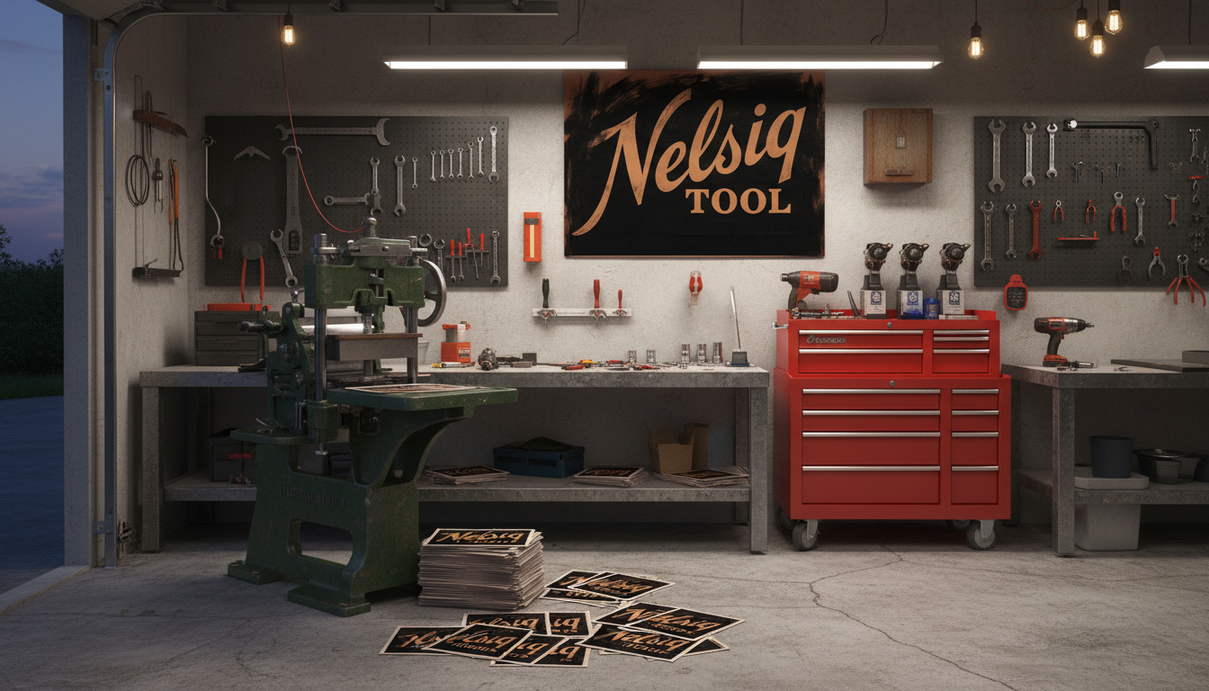 Letterpress printing press and stacks of fresh newsletters in a tool-filled garage, with the Nelsiq Tool logo posted on the wall