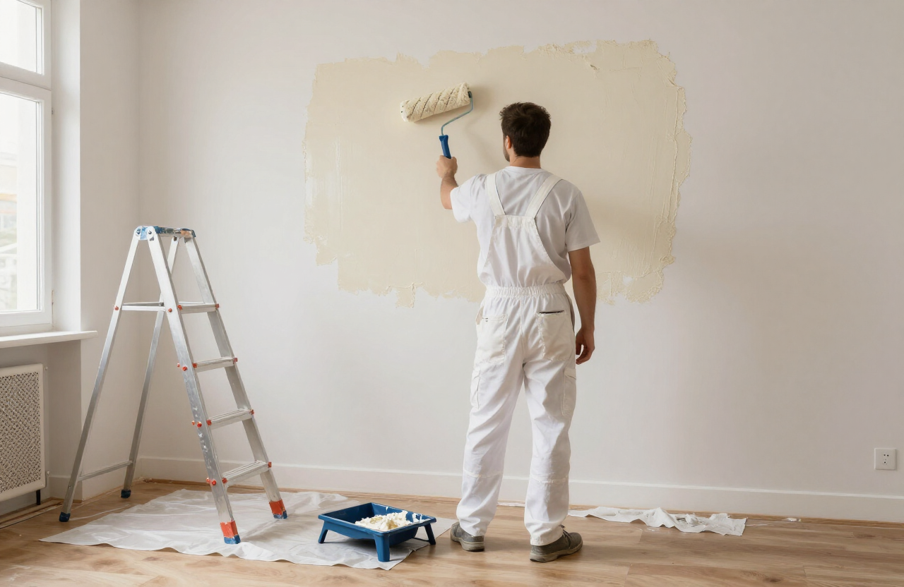 Pintor profissional a pintar parede interior em tom branco quente