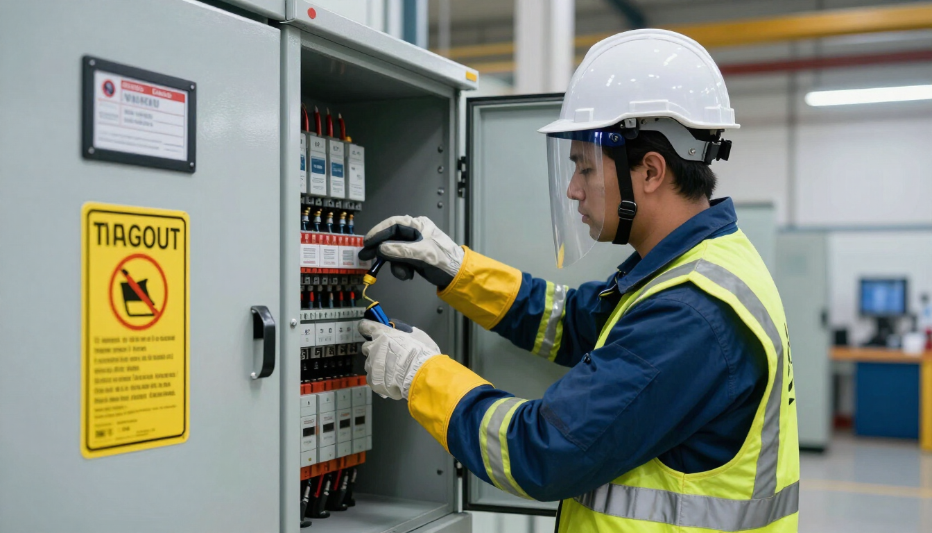 Eletricista com EPI completo realizando manutenção segura em painel elétrico industrial conforme NR10