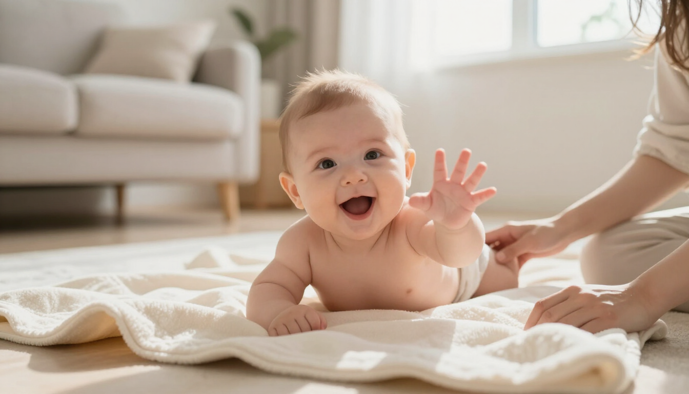 Glückliches Baby liegt auf einer hellen Decke im Wohnzimmer und greift mit beiden Händen in Richtung Kamera – Entwicklung im ersten Lebensjahr