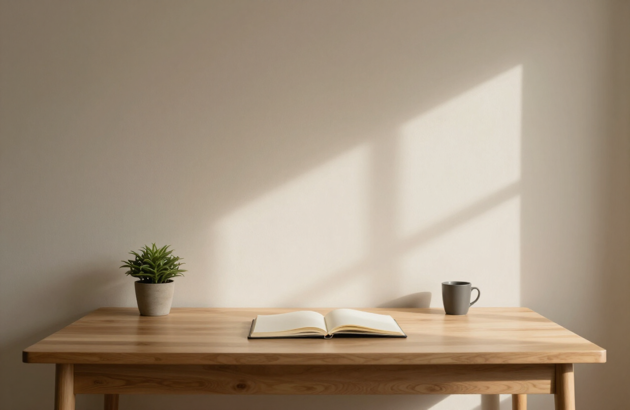 A quiet Florida office interior with a desk, notebook, and plant in soft natural light