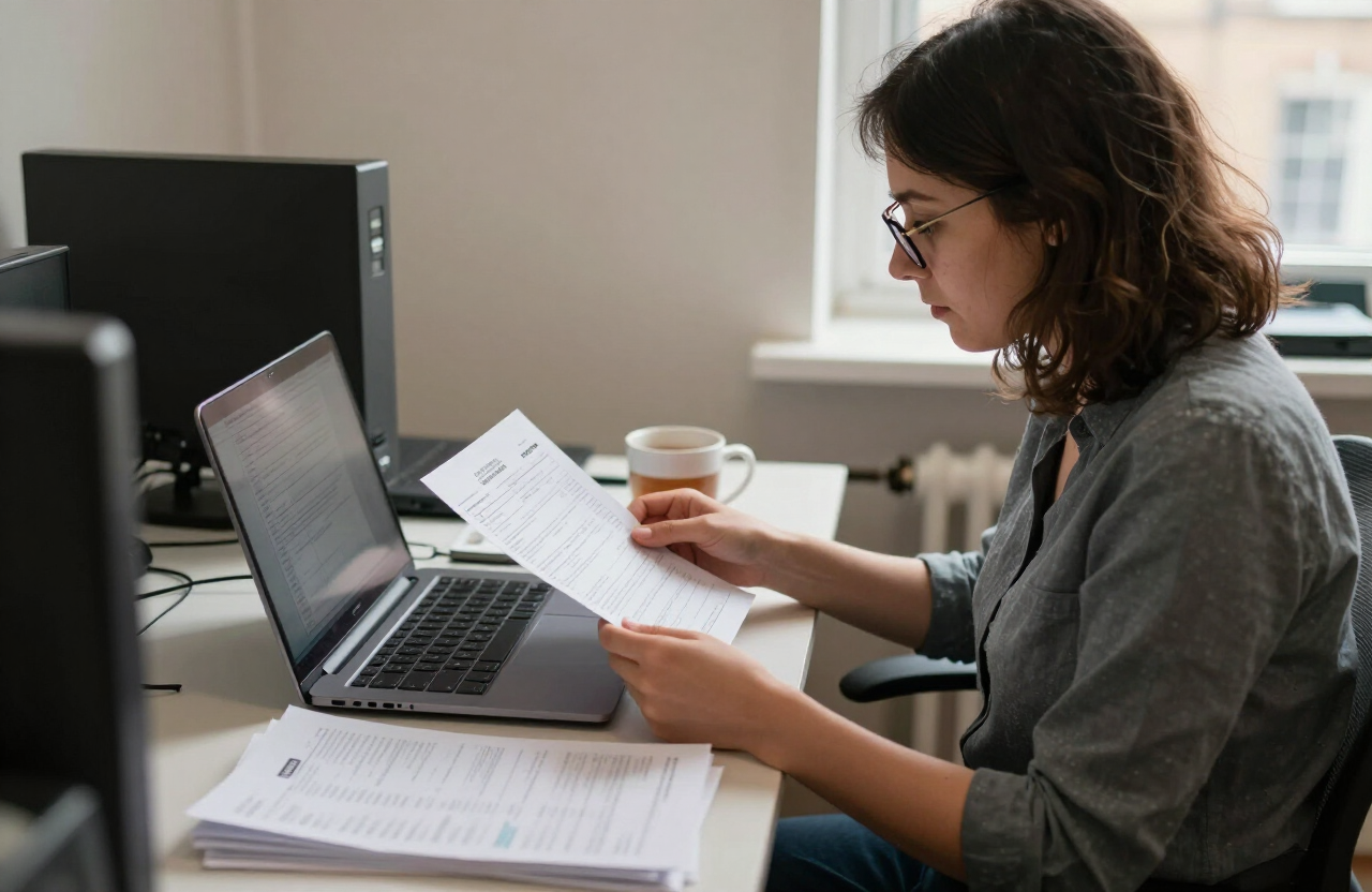 Payroll specialist reviewing payslips and timesheets at a desk in a London office