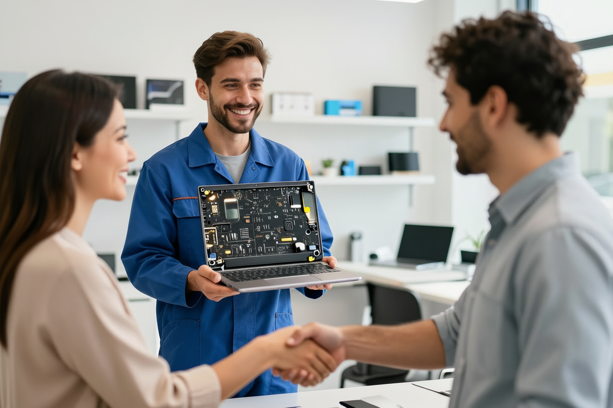 Técnico entregando equipamento reparado ao cliente