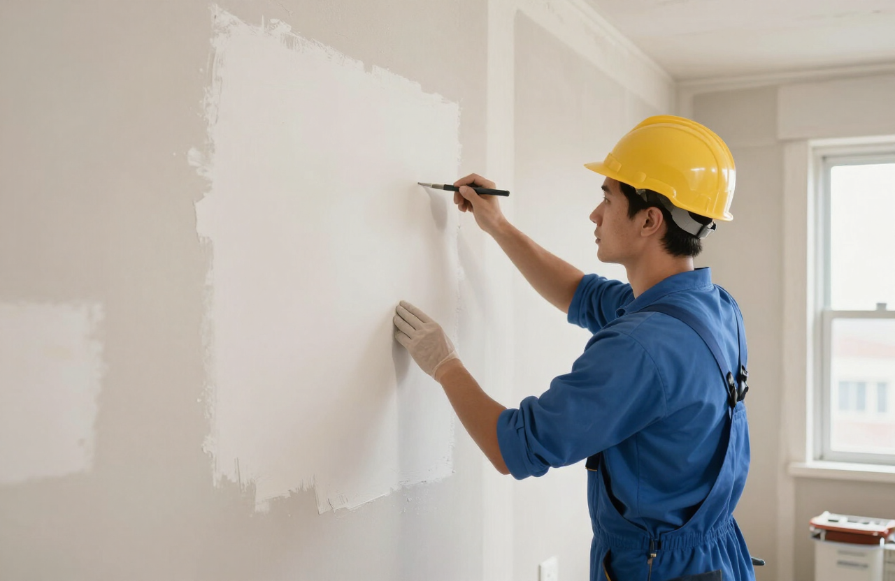 Illustrative drywall repair specialist skim-coating and patching a wall in a Fort Lee NJ apartment