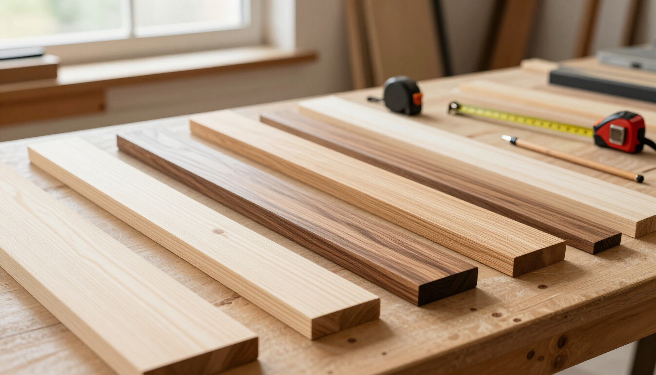 A bright woodworking workshop with several types of lumber — pine, oak, maple, walnut, and cedar boards — neatly arranged on a workbench