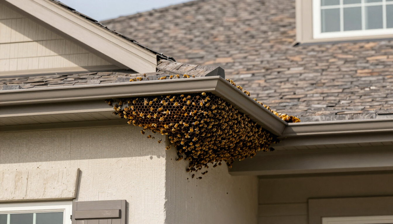 Residential Houston home exterior with controlled honeybee activity around a soffit, eave and wall opening