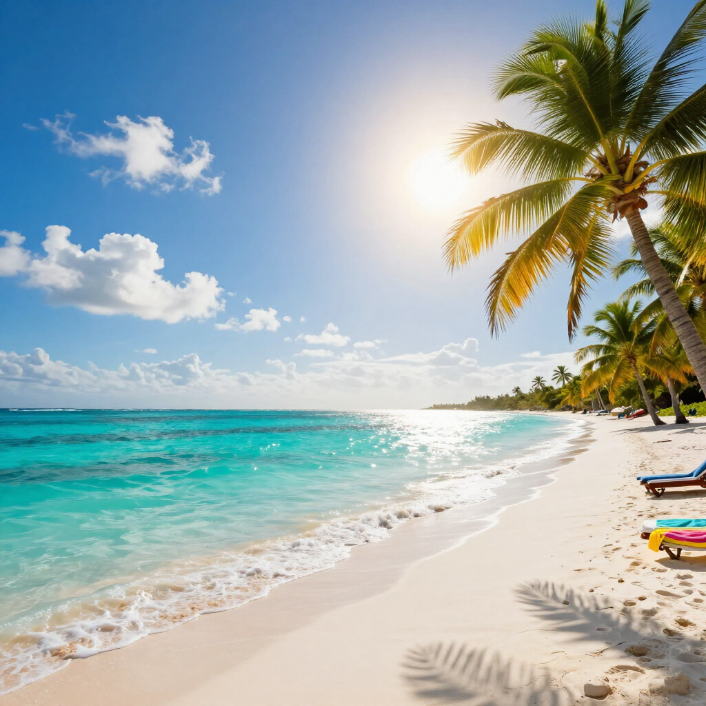 Tropical Caribbean beach with turquoise water and palm trees