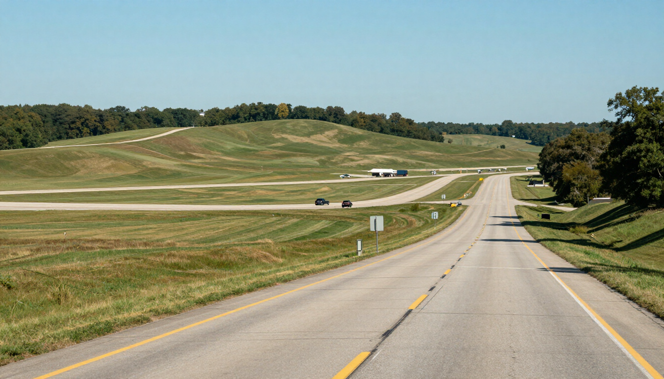 Platte County Missouri highway near Kansas City airport with rolling hills and open sky